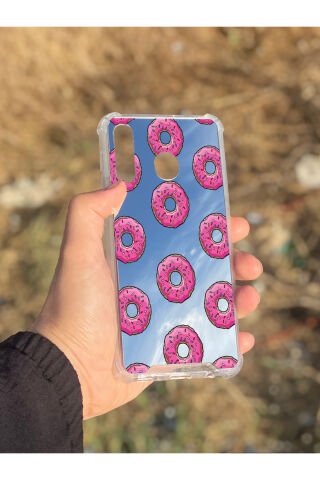 Samsung Galaxy A30 Uyumlu Aynalı Pembe Donut Desenli Darbe Kamera Korumalı Silikon Telefon Kılıfı
