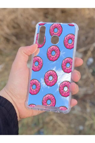 Samsung Galaxy A30 Uyumlu Aynalı Pembe Donut Desenli Darbe Kamera Korumalı Silikon Telefon Kılıfı