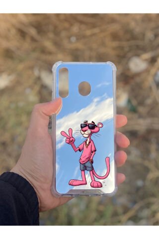 Samsung Galaxy A30 Uyumlu Aynalı Panter Desenli Darbe Kamera Korumalı Silikon Telefon Kılıfı