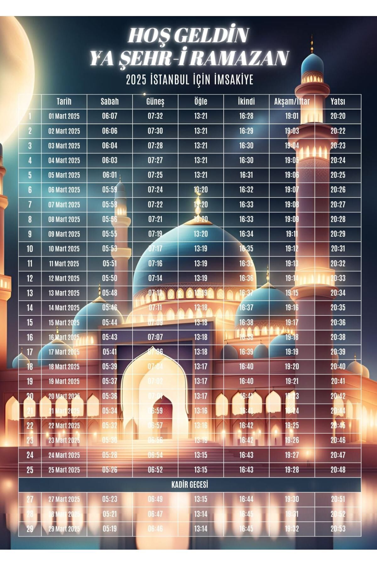 Ramazan İmsakiyesi Modern Kişiye Özel Tasarımlı Dijital Baskı 500 Adet A4 300 gr Model 12