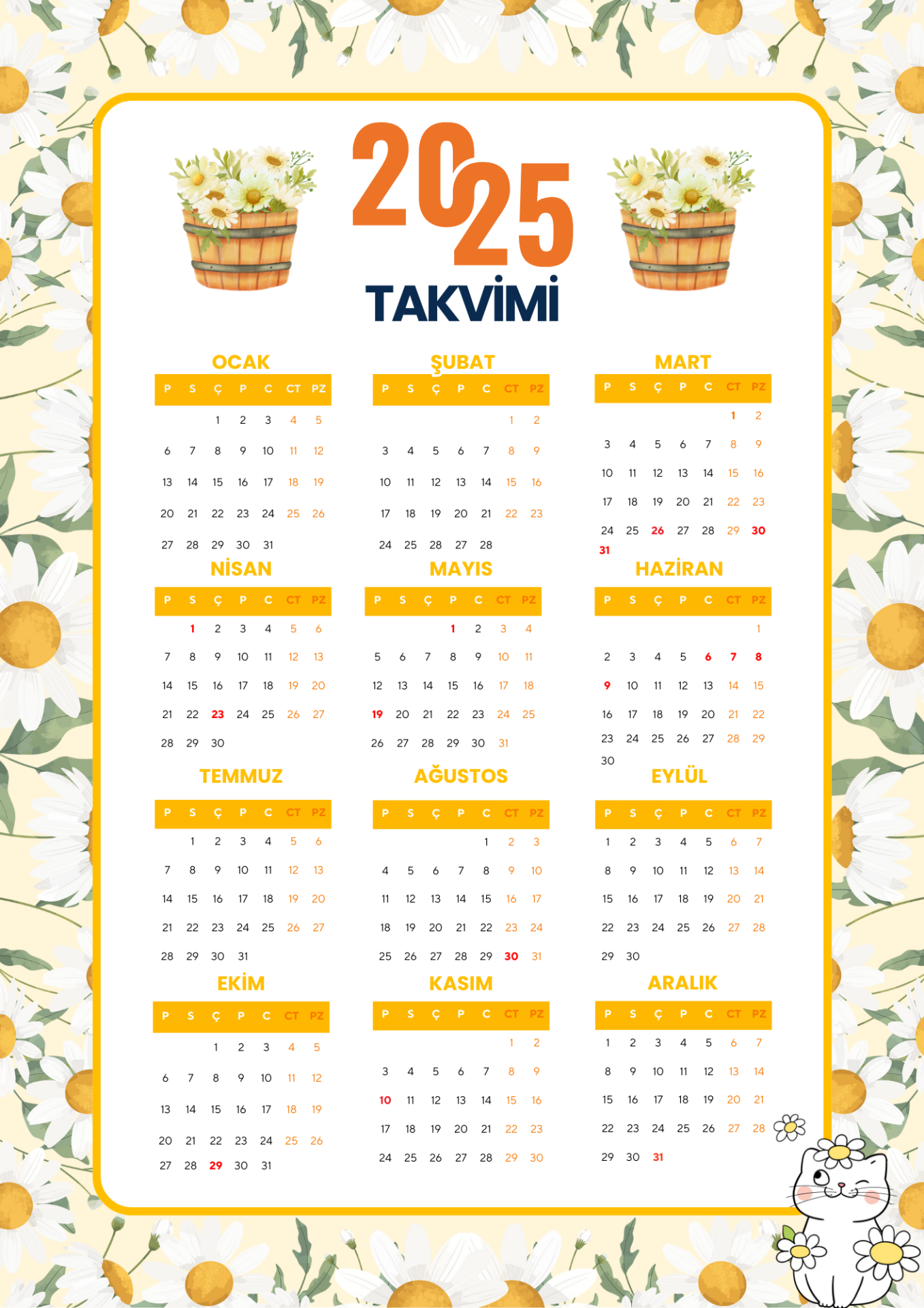 2025 Takvimi Kişiye Özel Papatya Çiçeği Detaylı Tasarım