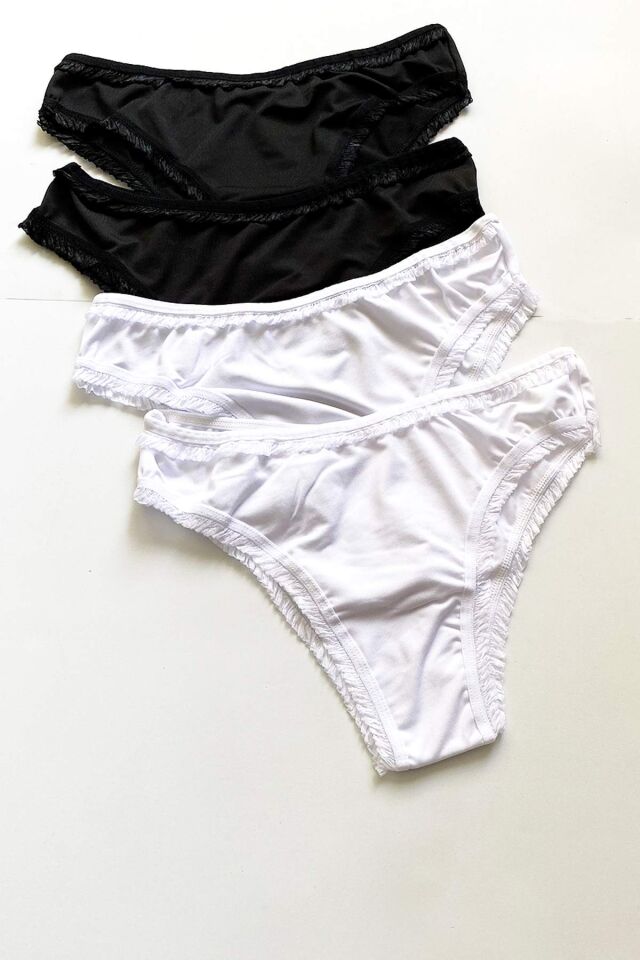 4 Adet Kadın Mikro Bikini Külot İnce Lastik FırFır Kenarlı Yumuşak Doku İç Giyim Siyah Beyaz
