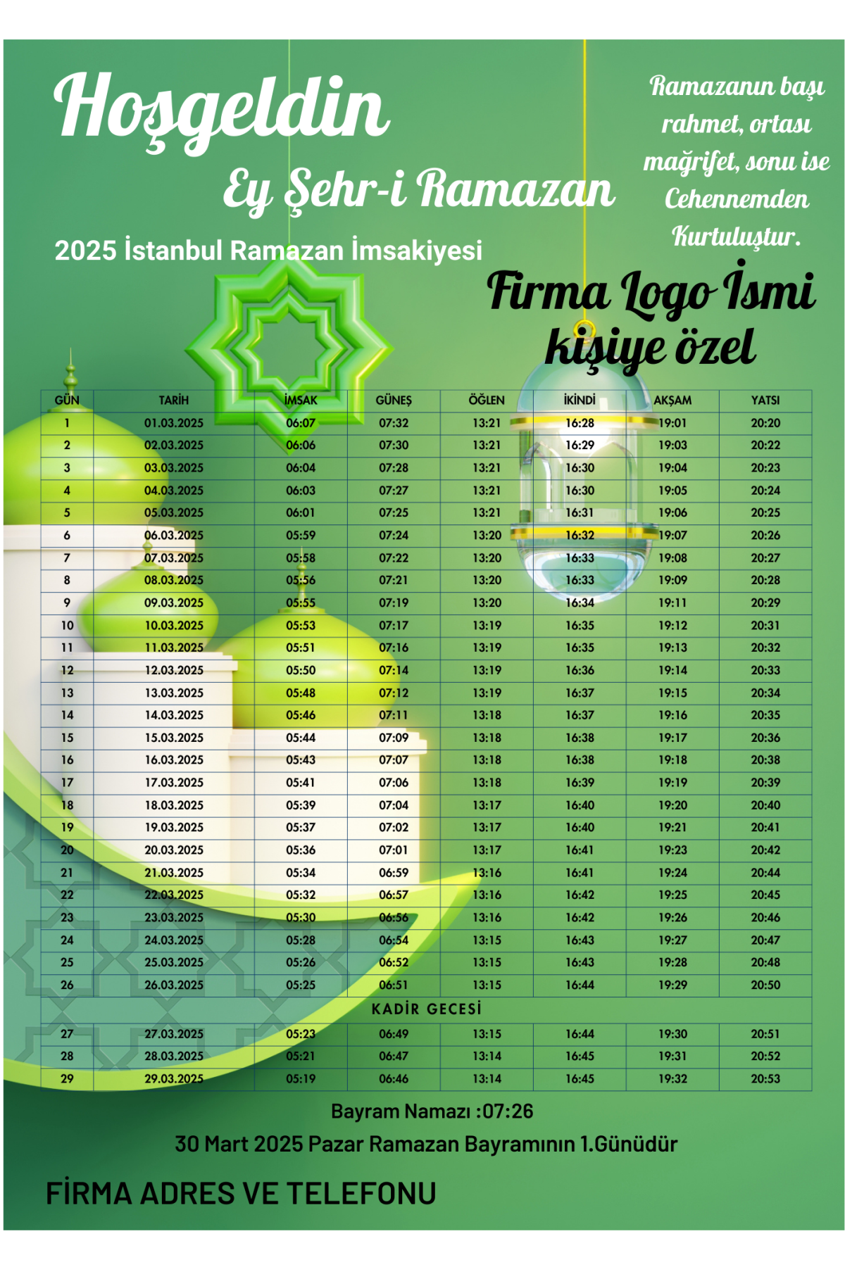 Ramazan İmsakiyesi Modern Kişiye Özel Tasarımlı Dijital Baskı 500 Adet A4 300 gr Model 19