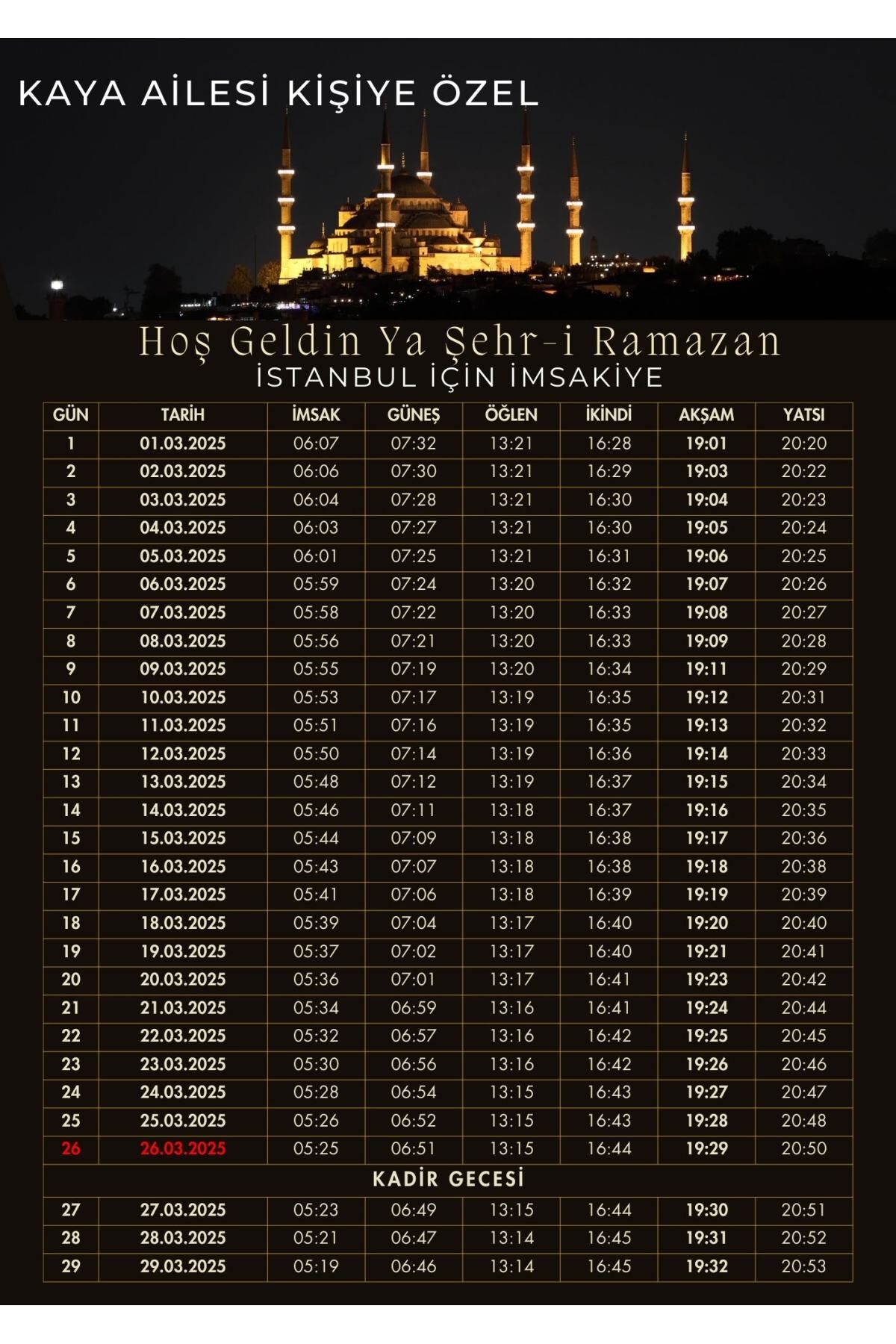 Ramazan İmsakiyesi Modern Kişiye Özel Tasarımlı Dijital Baskı 500 Adet A4 300 gr Model 28