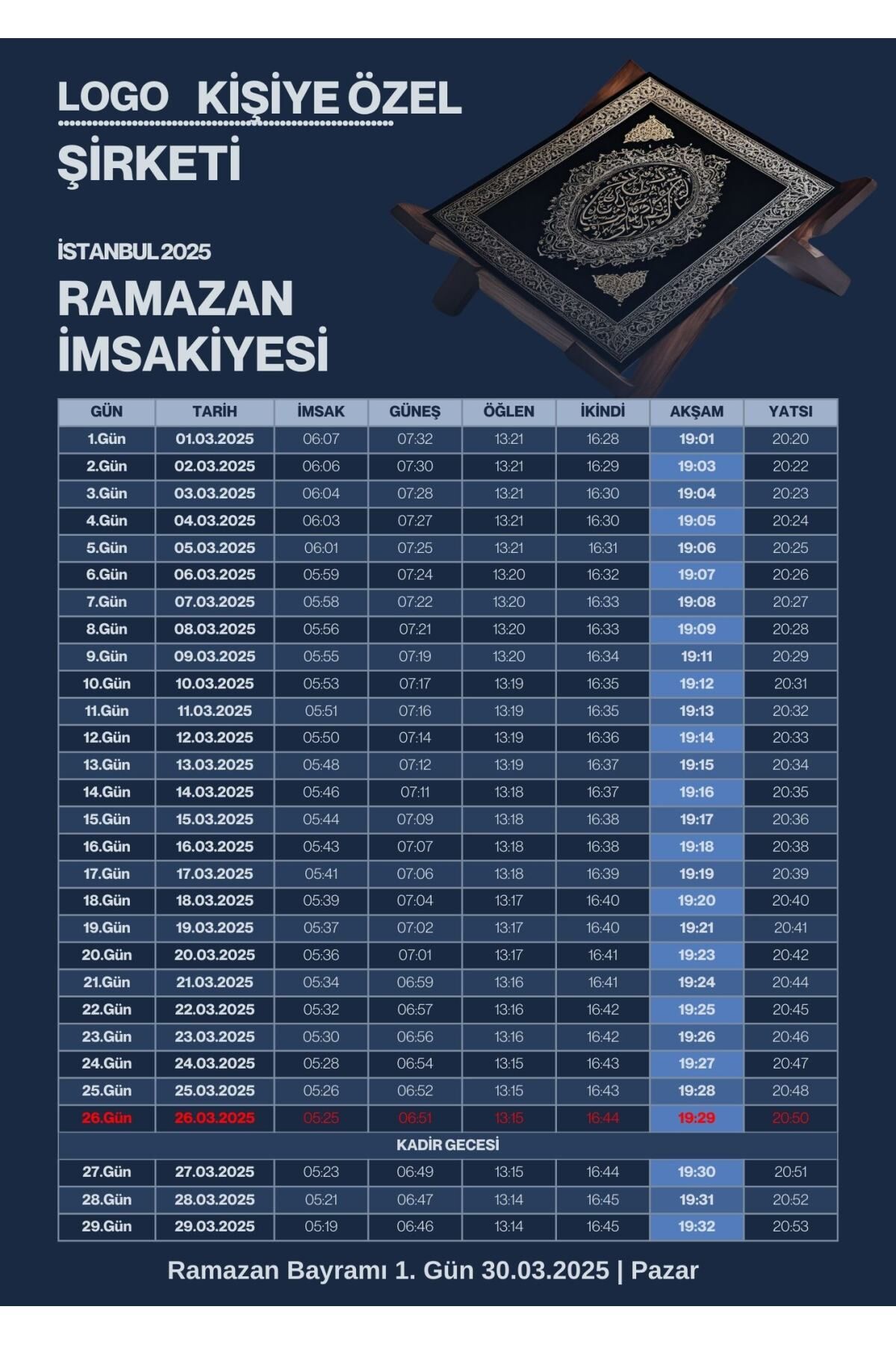 Ramazan İmsakiyesi Modern Kişiye Özel Tasarımlı Dijital Baskı 500 Adet A4 300 gr Model 30