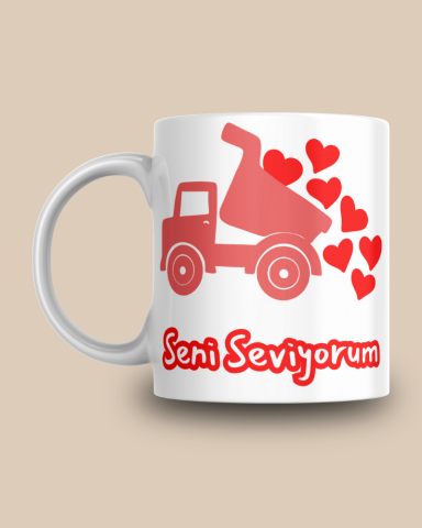 Seni Seviyorum Yazılı Gül Döken Kamyon Seramik 350 Ml Kupa Bardak , Sevgiliye Özel Gün Hediyesi