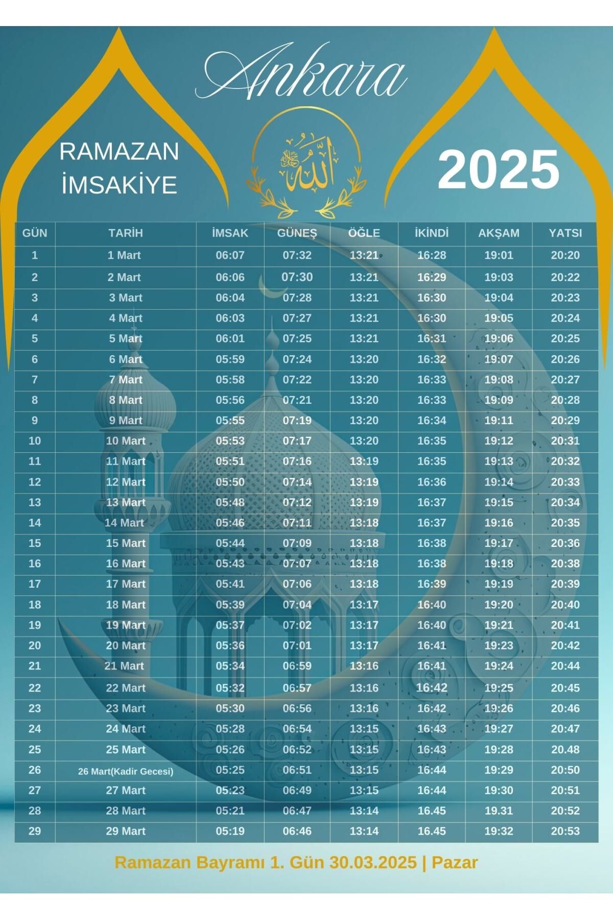 Ramazan İmsakiyesi Modern Kişiye Özel Tasarımlı Dijital Baskı 500 Adet A4 300 gr Model 34