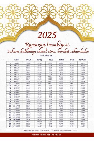 Ramazan İmsakiyesi Modern Kişiye Özel Tasarımlı Dijital Baskı 500 Adet A4 300 gr Model 39