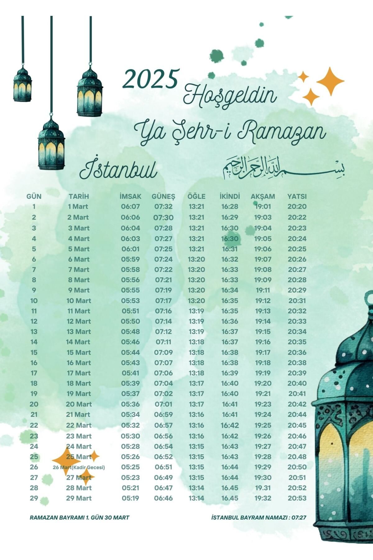 Ramazan İmsakiyesi Modern Kişiye Özel Tasarımlı Dijital Baskı 500 Adet A4 300 gr Model 43