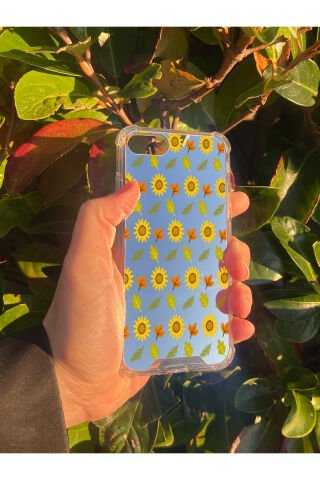 İphone 7 Uyumlu Aynalı Ay Çiçeği Desenli Darbe Kamera Korumalı Silikon Telefon Kılıfı