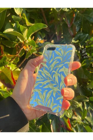 İphone 7 Uyumlu Aynalı Yeşil Yaprak Desenli Darbe Kamera Korumalı Silikon Telefon Kılıfı