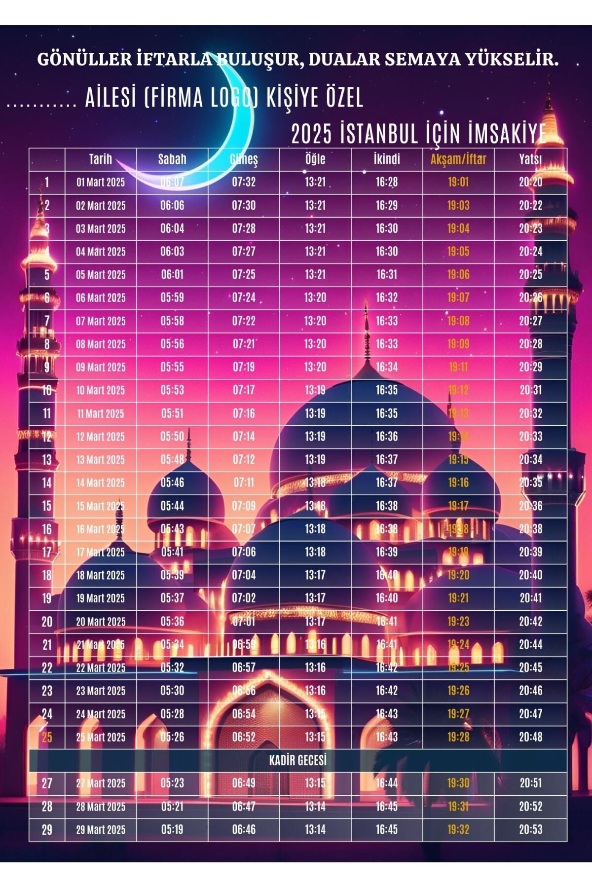Ramazan İmsakiyesi Modern Kişiye Özel Tasarımlı Dijital Baskı 1000 Adet A4 300 gr Model 6