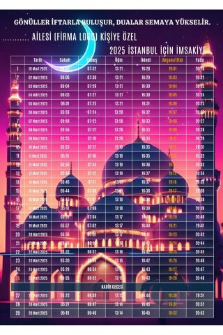 Ramazan İmsakiyesi Modern Kişiye Özel Tasarımlı Dijital Baskı 1000 Adet A4 300 gr Model 6
