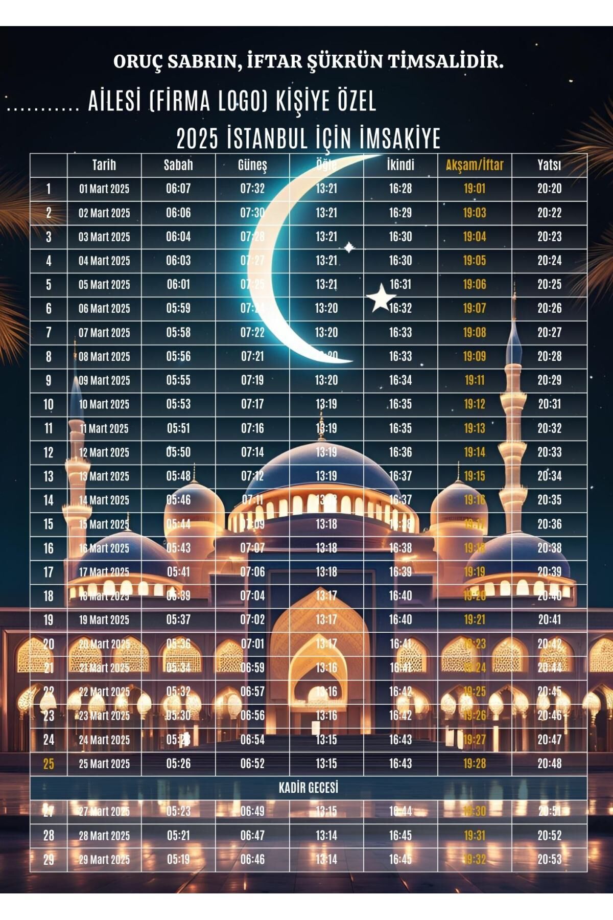 Ramazan İmsakiyesi Modern Kişiye Özel Tasarımlı Dijital Baskı 1000 Adet A4 300 gr Model 8