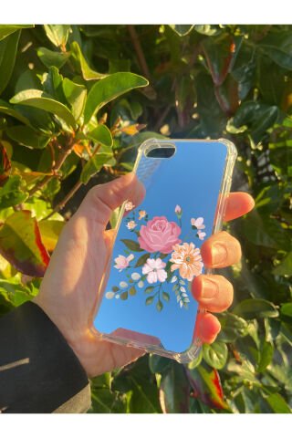 İphone 7 Uyumlu Aynalı Pembe Çiçek Desenli Darbe Kamera Korumalı Silikon Telefon Kılıfı