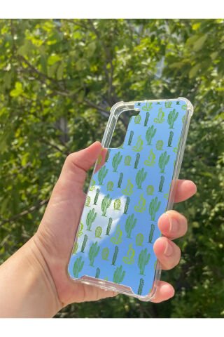 Samsung S21 Plus Uyumlu Aynalı Ağaç Kaktüs Desenli Darbe Kamera Korumalı Silikon Telefon Kılıfı