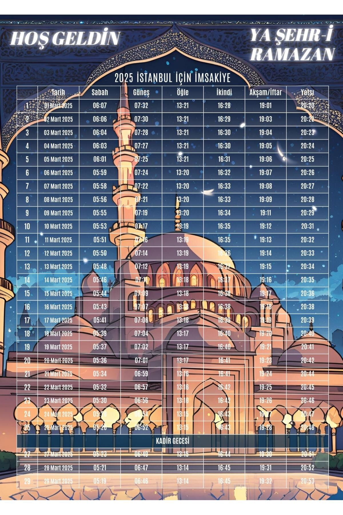 Ramazan İmsakiyesi Modern Kişiye Özel Tasarımlı Dijital Baskı 1000 Adet A4 300 gr Model 11