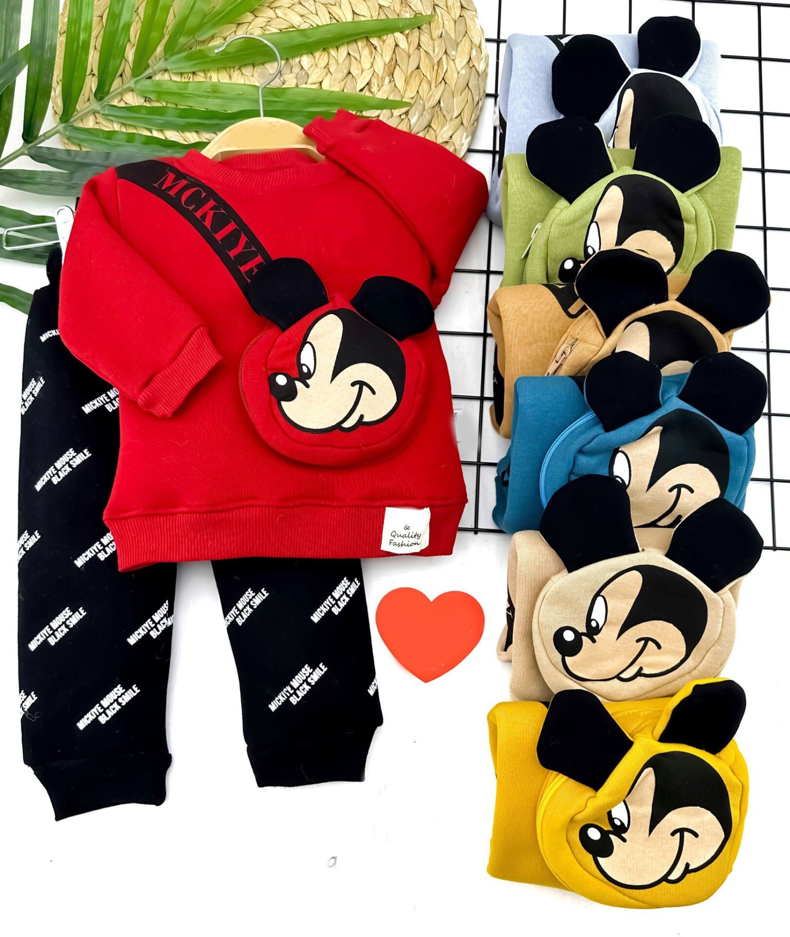 9-12-18-24 Ay Mickey Kendinden Ferumarlı Çanta Uzun Kollu Sweat 2li Kız Erkek Bebek Takımı