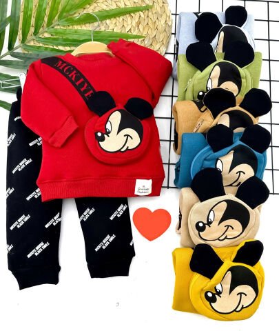 9-12-18-24 Ay Mickey Kendinden Ferumarlı Çanta Uzun Kollu Sweat 2li Kız Erkek Bebek Takımı