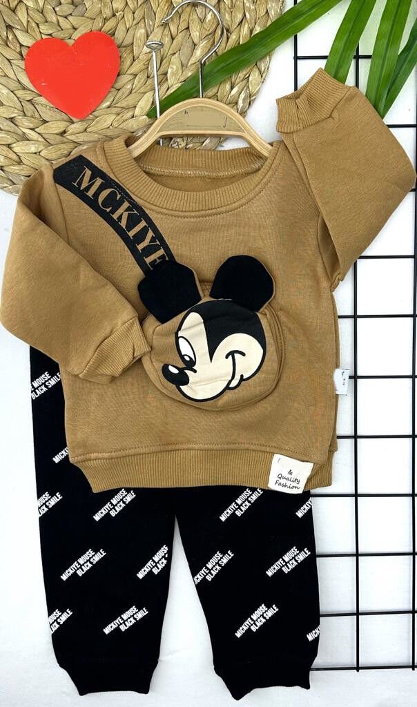 9-12-18-24 Ay Mickey Kendinden Ferumarlı Çanta Uzun Kollu Sweat 2li Kız Erkek Bebek Takımı