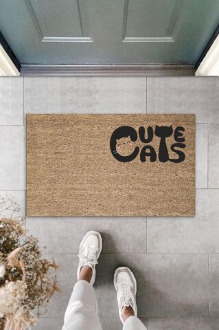 Dijital Baskı Kahverengi Kedili Cute Cats Dekoratif Kapı Paspası K-2062