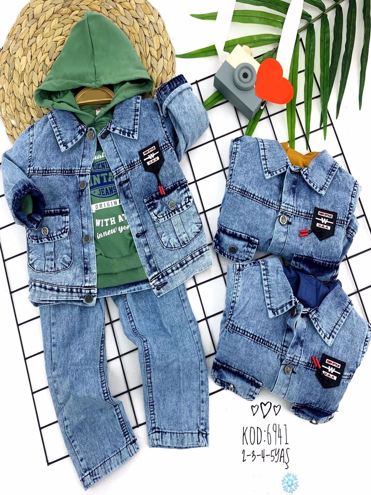 2-3-4-5 Yaş Kapşonlu Sweat Cepli Kot Ceket Ve Pantolonlu 3lü Erkek Bebek Takımı