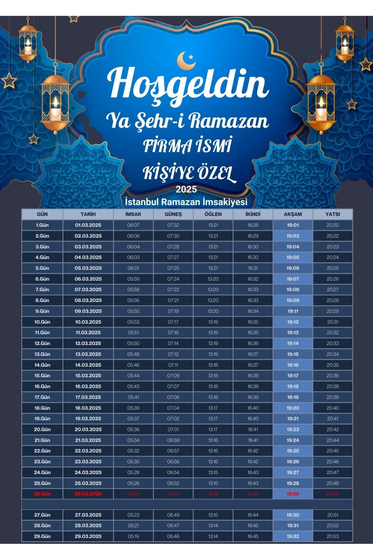 Ramazan İmsakiyesi Modern Kişiye Özel Tasarımlı Dijital Baskı 1000 Adet A4 300 gr Model 24