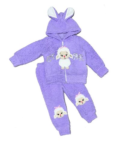 9-12-18 Ay Star Kuzucuk Nakışlı Kulaklı Kapşon Kuzu Kumaş Uzun Kollu Kız Bebek 2 Li Takım
