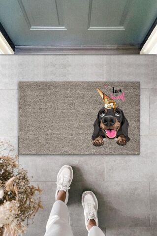 Dijital Baskı Gri Love Sweet Kafasında Külahlı Dondurmalı Köpek Dekoratif Kapı Paspası K-2055