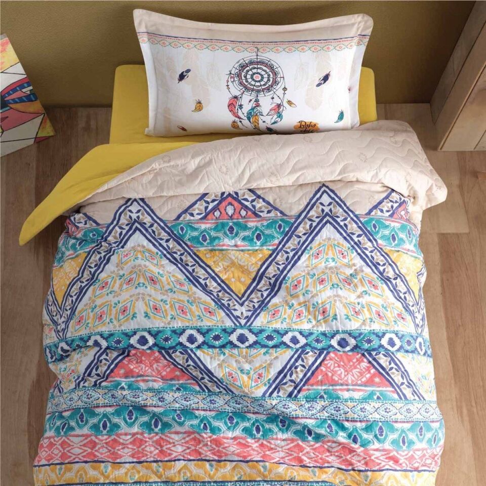 Ranforce 100% Pamuk Tek Kişilik Dört Mevsim Set Boho V1 Bej