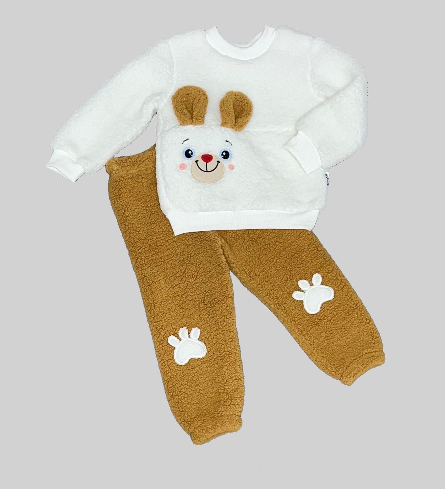 1-2-3 Yaş Kulaklı Patili Ayıcık Kuzu Kumaş Sweat Patili Pantolon Uzun Kollu Kız Erkek 2 Li Takımı