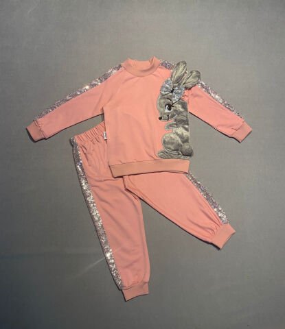 1-2-3 Yaş Payetli Pelüş Tavşan Desenli Likra Penye Kumaş Sweat Pantolonlu Kız 2li Çocuk Takımı