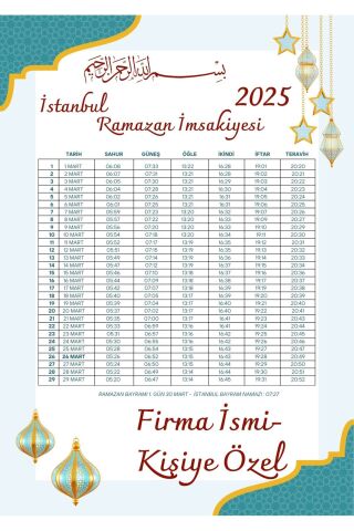 Ramazan İmsakiyesi Modern Kişiye Özel Tasarımlı Dijital Baskı 1000 Adet A4 300 gr Model 36