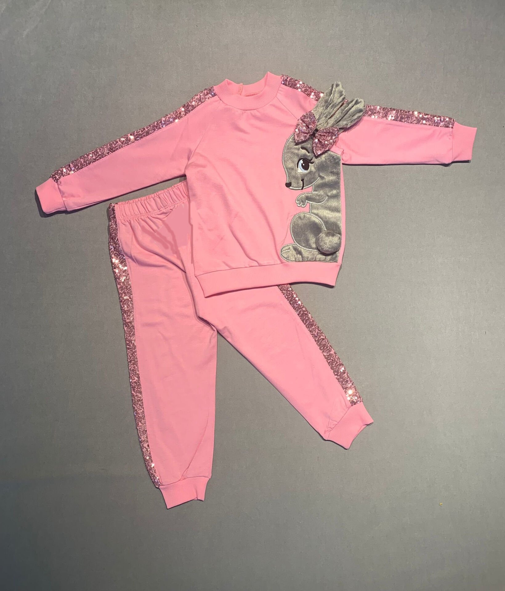1-2-3 Yaş Payetli Pelüş Tavşan Desenli Likra Penye Kumaş Sweat Pantolonlu Kız 2li Çocuk Takımı