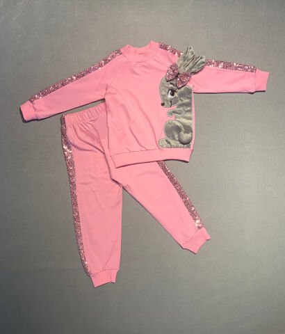 1-2-3 Yaş Payetli Pelüş Tavşan Desenli Likra Penye Kumaş Sweat Pantolonlu Kız 2li Çocuk Takımı