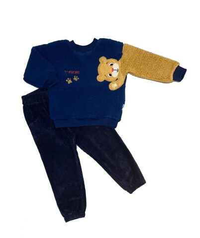 1-2-3 Ayıcık Kollu Kuzu Kumaş Sweat Kadife Pantolonlu Kız-erkek 2li Çocuk Takımı