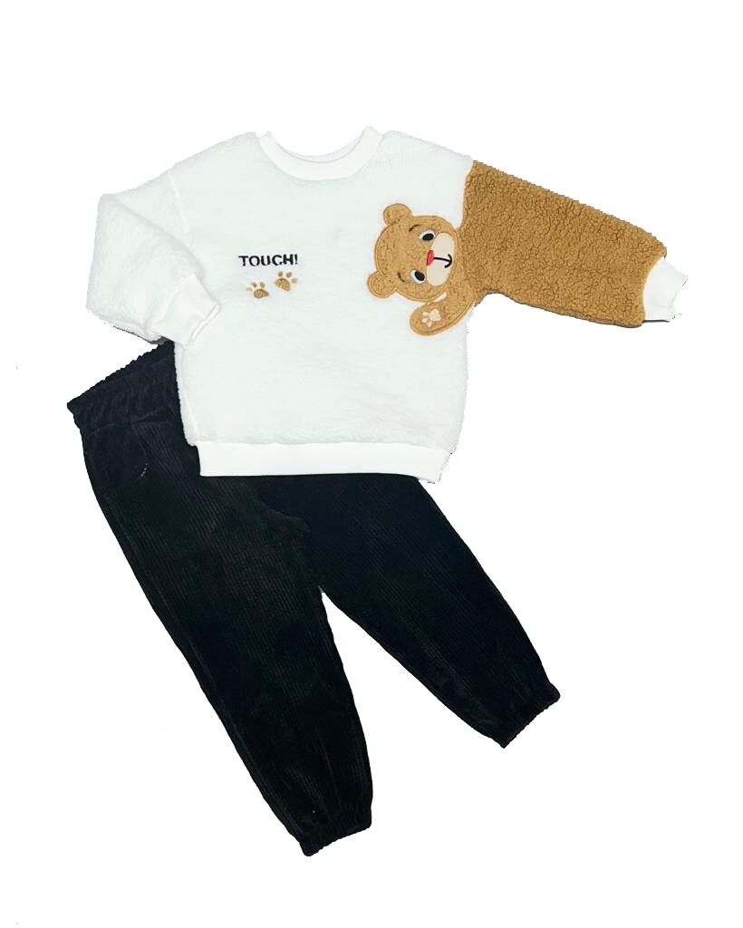 1-2-3 Ayıcık Kollu Kuzu Kumaş Sweat Kadife Pantolonlu Kız-erkek 2li Çocuk Takımı