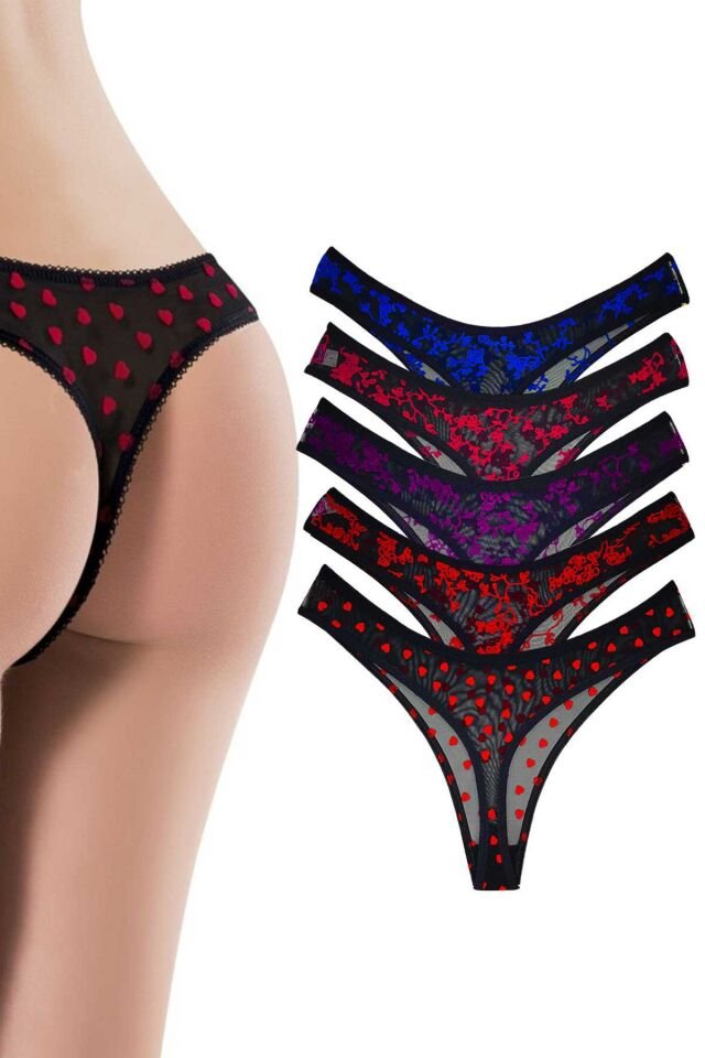 5 Adet Kadın Fantezi Kabartma Desenli Tül Tanga Külot