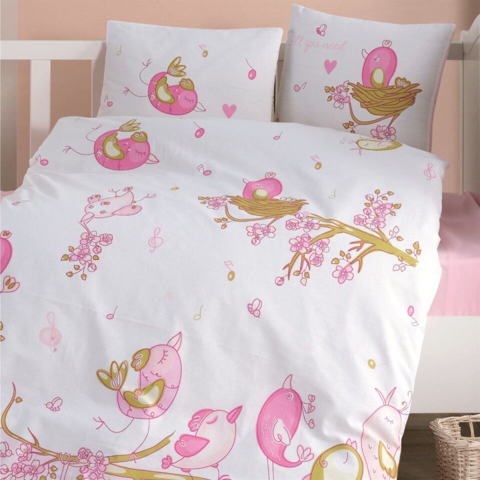 Ranforce 100% Pamuk Bebek Nevresim Takımı Singer Birds Pembe
