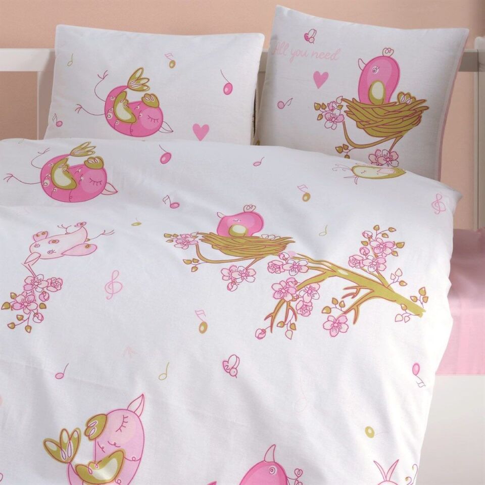 Ranforce 100% Pamuk Bebek Nevresim Takımı Singer Birds Pembe