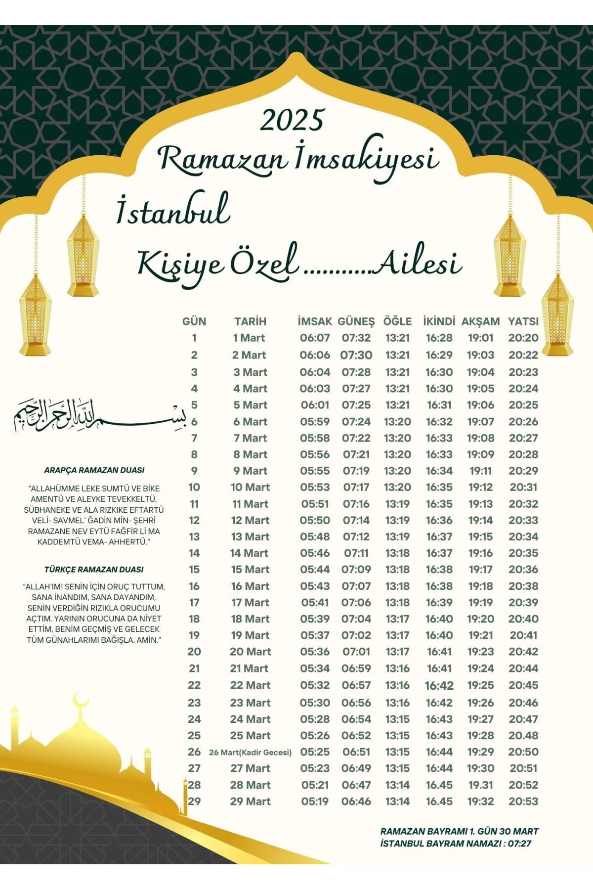 Ramazan İmsakiyesi Modern Kişiye Özel Tasarımlı Dijital Baskı 1000 Adet A4 300 gr Model 48
