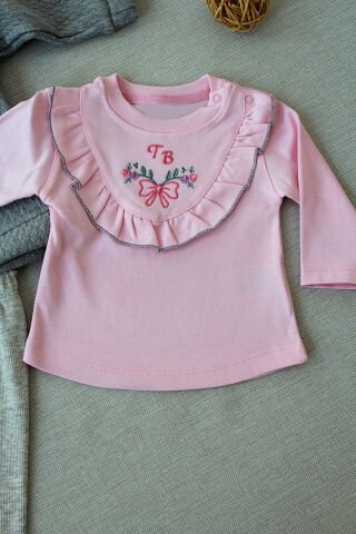 3-6 6-9 9-12 Ay Tb Bahçesi Nakışlı Kapşonlu Ceket Uzun Kollu Sweat 3lü Kız Bebek Takımı