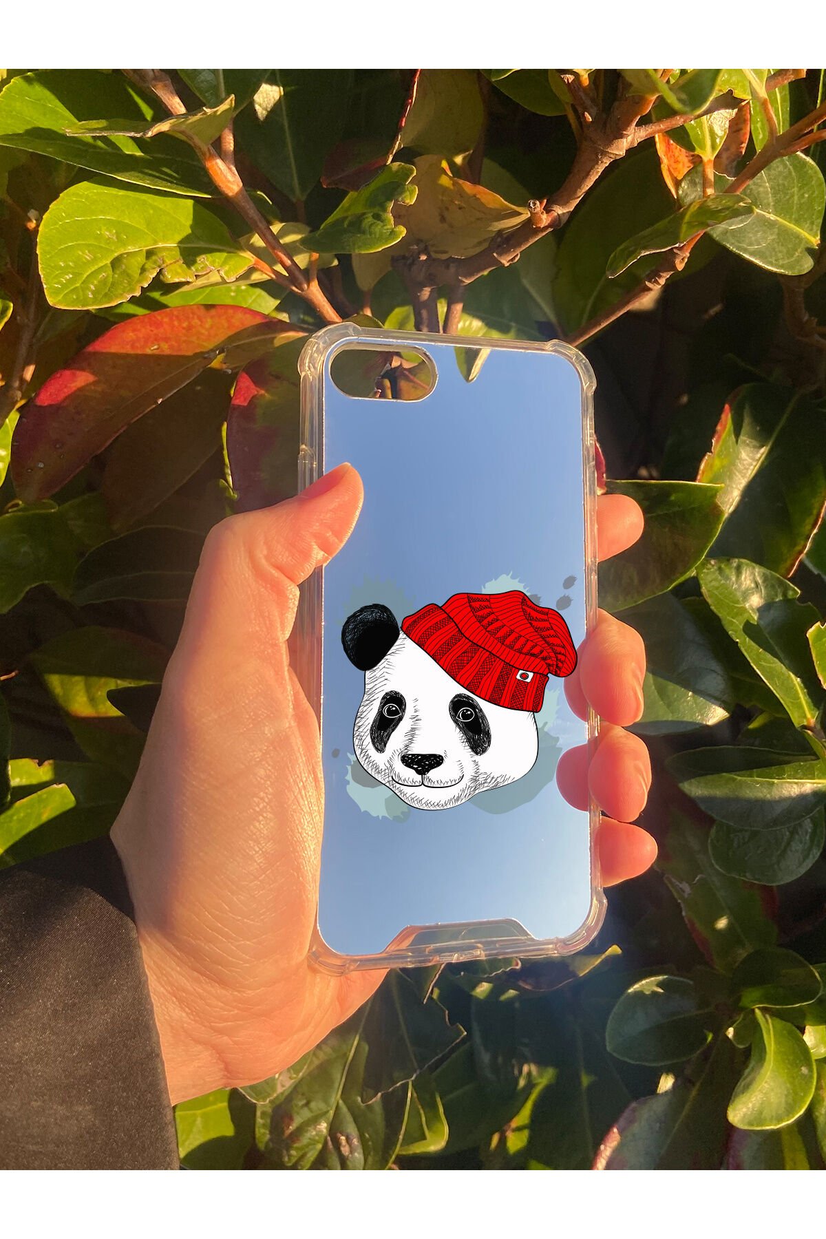 İphone 7 Uyumlu Aynalı Panda Desenli Darbe Kamera Korumalı Silikon Telefon Kılıfı
