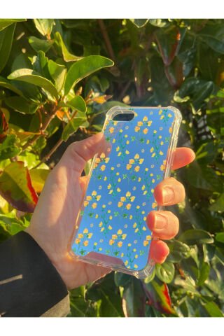 İphone 8 Uyumlu Aynalı Sarı Çiçek Desenli Darbe Kamera Korumalı Silikon Telefon Kılıfı