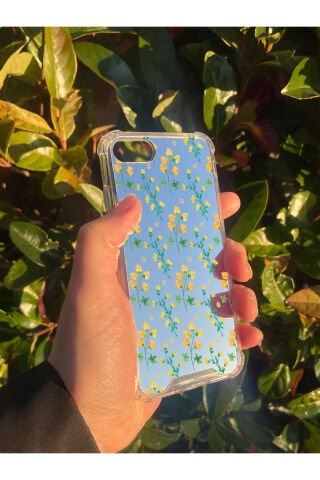 İphone 8 Uyumlu Aynalı Sarı Çiçek Desenli Darbe Kamera Korumalı Silikon Telefon Kılıfı
