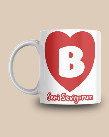 Kırmızı Kalp Desenli B Harfli Hediyelik Seramik 350 Ml Kupa Bardak