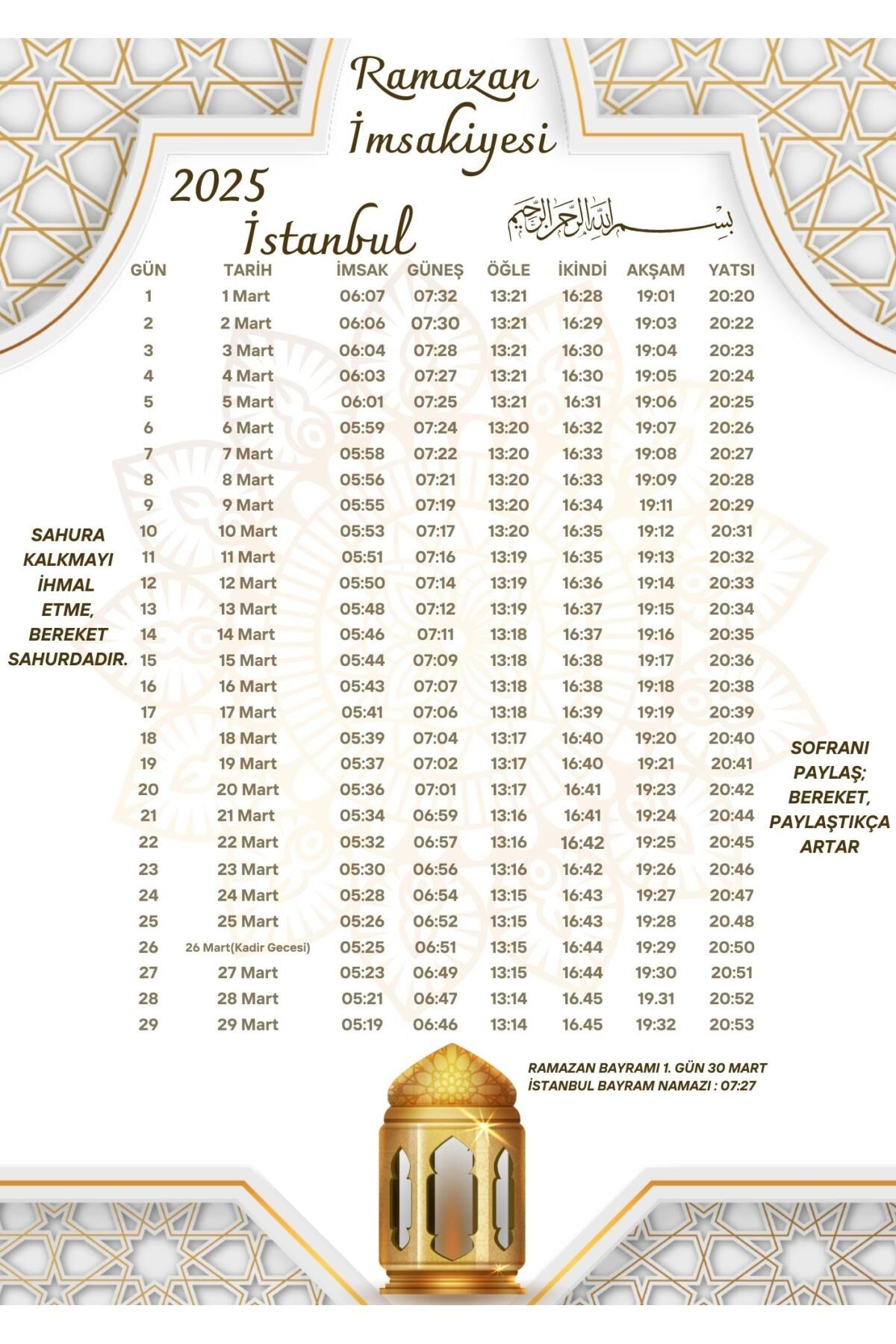 Ramazan İmsakiyesi Modern Kişiye Özel Tasarımlı Dijital Baskı 1000 Adet A4 300 gr Model 50