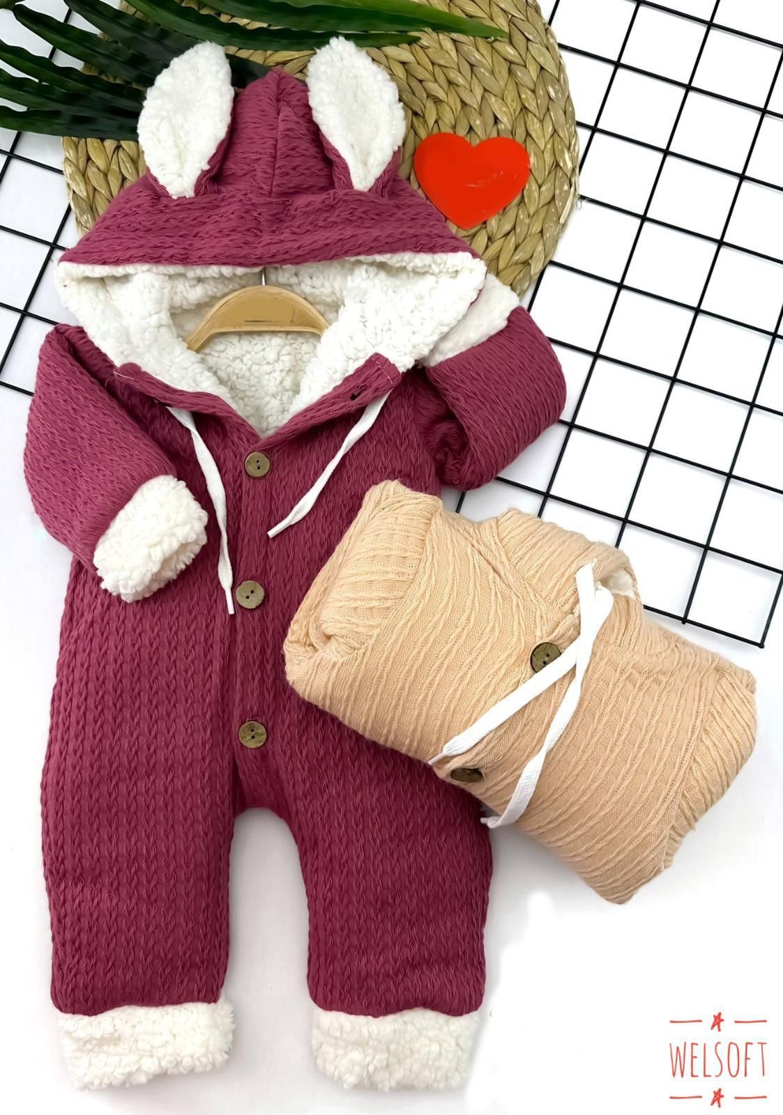 9-12-18-24 Ay Düğme Kapamalı Kapşonlu Örme Kumaş Kız Erkek Bebek Tulumu