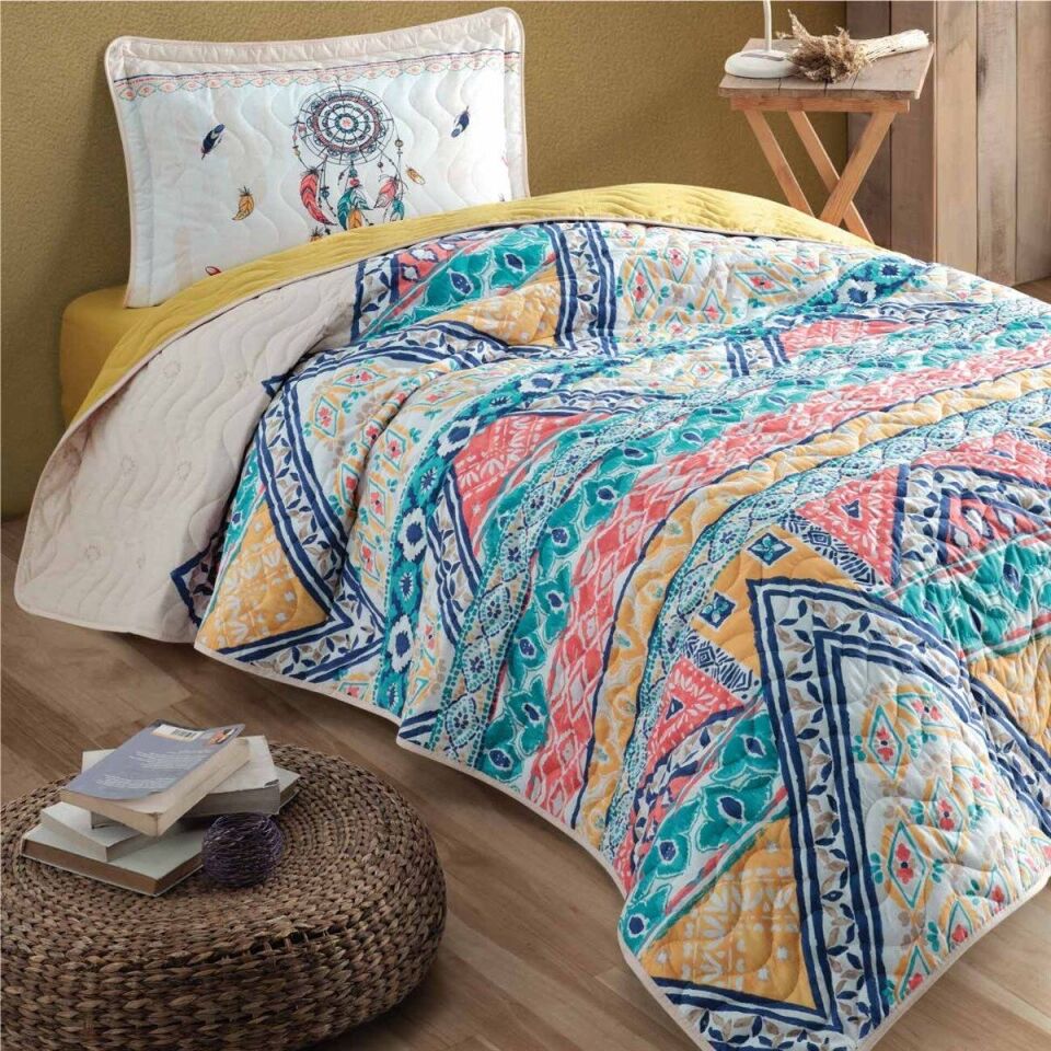 Ranforce 100% Pamuk Kapitoneli Tek Kişilik Yatak Örtüsü Takımı Boho Bej