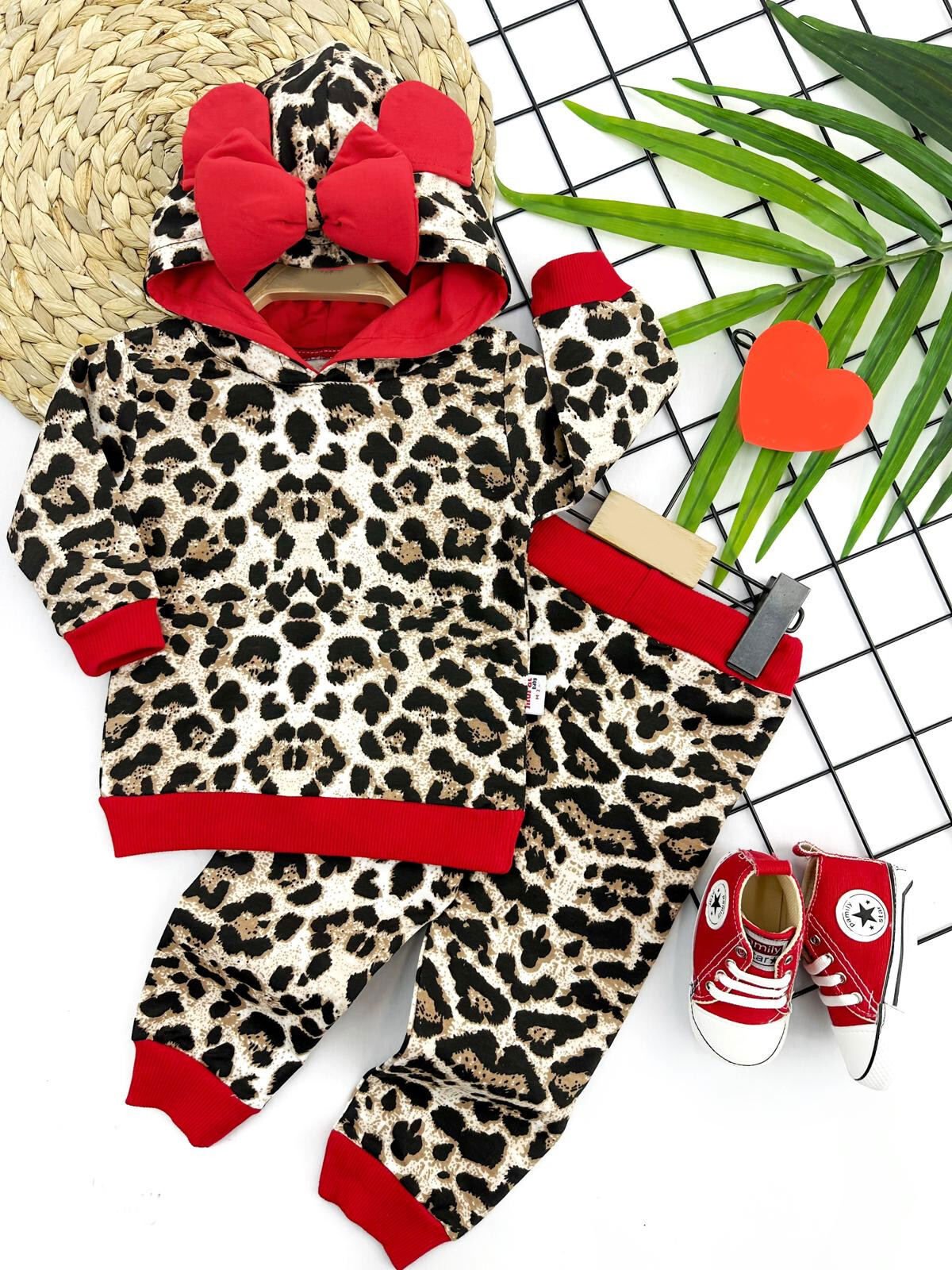 9-12-18-24 Ay Leopar Desenli Papyon Kapşonlu 2li Kız Bebek Takımı